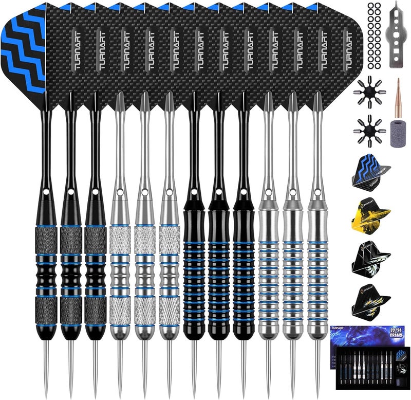 Turnart Darts Metal Tip Set - Steel Tip Darts Darts Set Professional Metal Darts 12 pcs 22/24 Grams Pro Dart Set with Stylish Case Aluminum Shafts Extra 9 Flights - Image 1